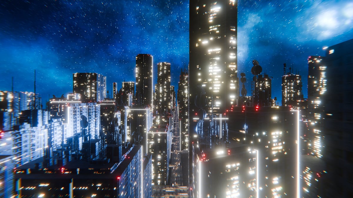 Sobrevuelo de una ciudad futurista con luces de neón de noche