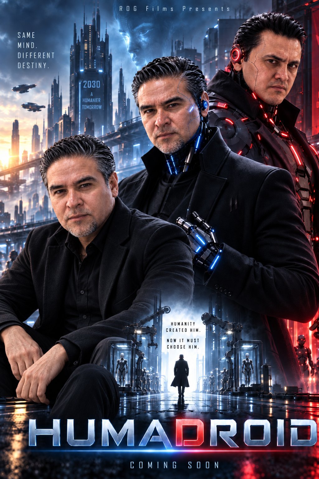 Póster oficial de HUMADROID: tres figuras de negro frente a una ciudad futurista con luces cian y rojas